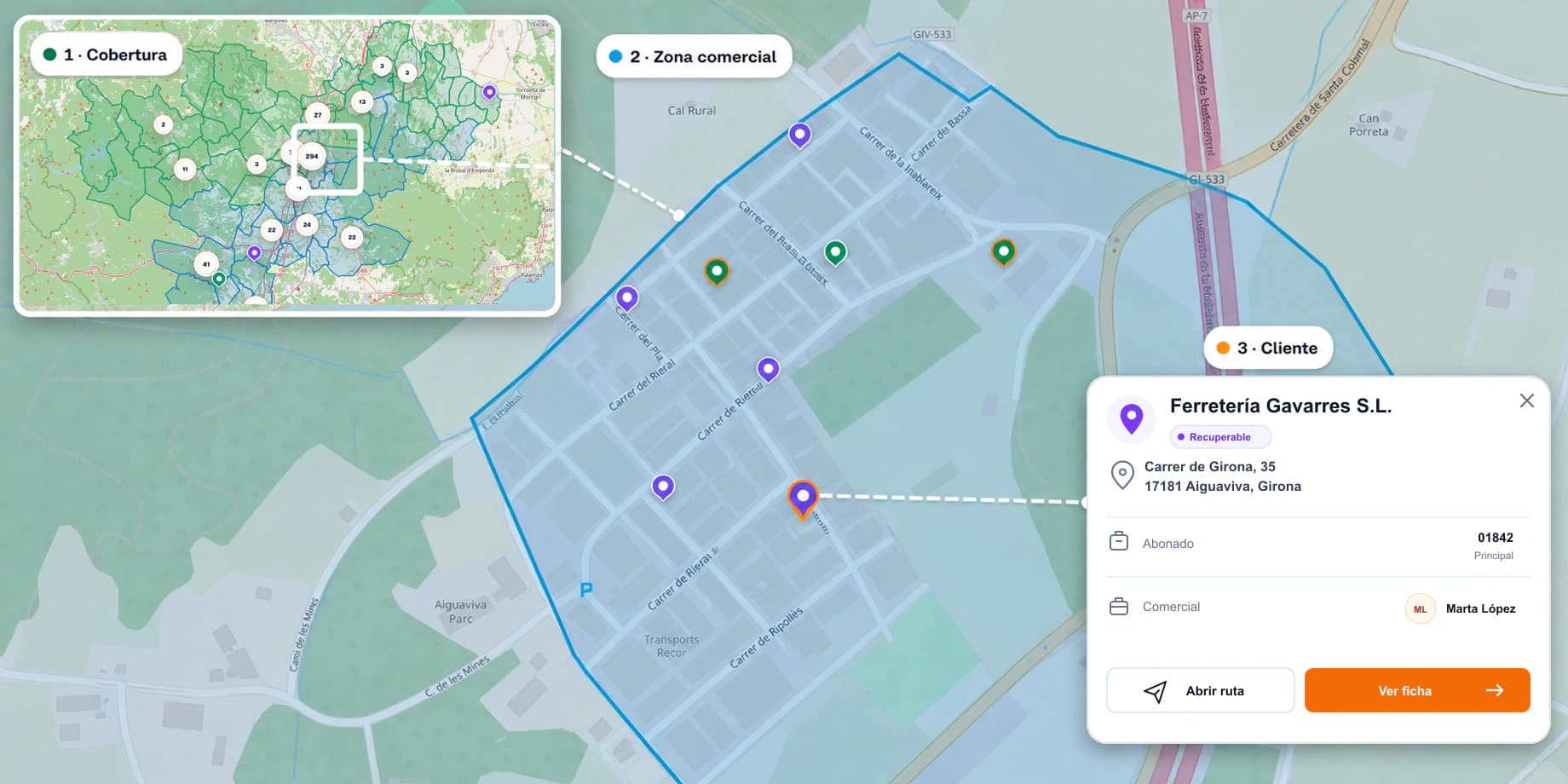 Composición del mapa comercial de AutoCRM con cobertura general, zona ampliada y cliente seleccionado